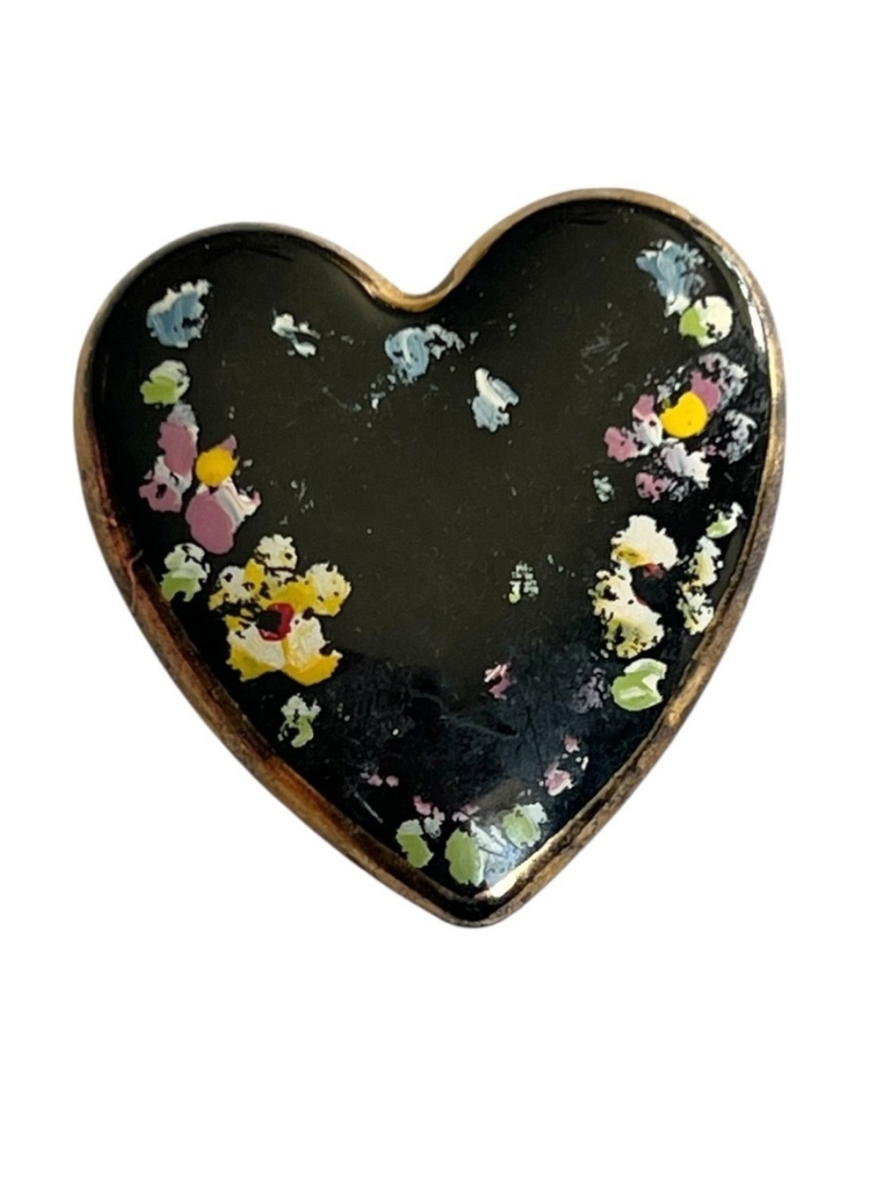 Vintage Heart Shaped Brooch Hand Painted Goldtone